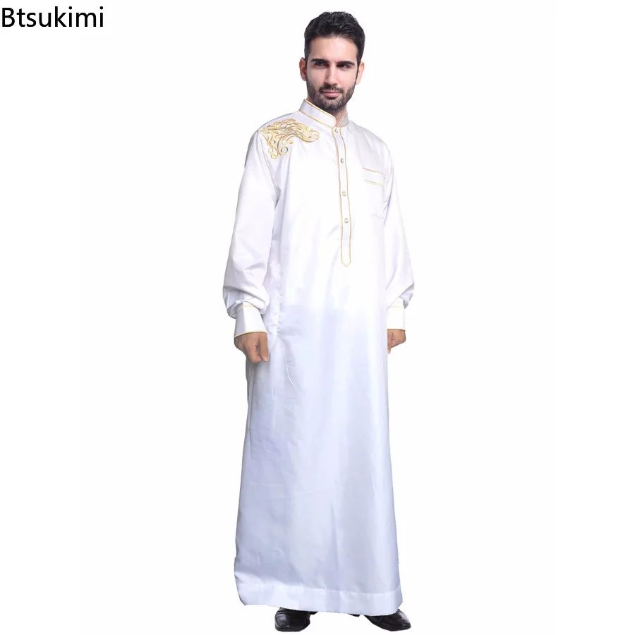 New Muslim Men Islamic Long Sleeves Ramadan Robe Stand Collar Embroidery Dubai Long Abaya Thobe Kaftan Thawb Costume Ethnic Robe