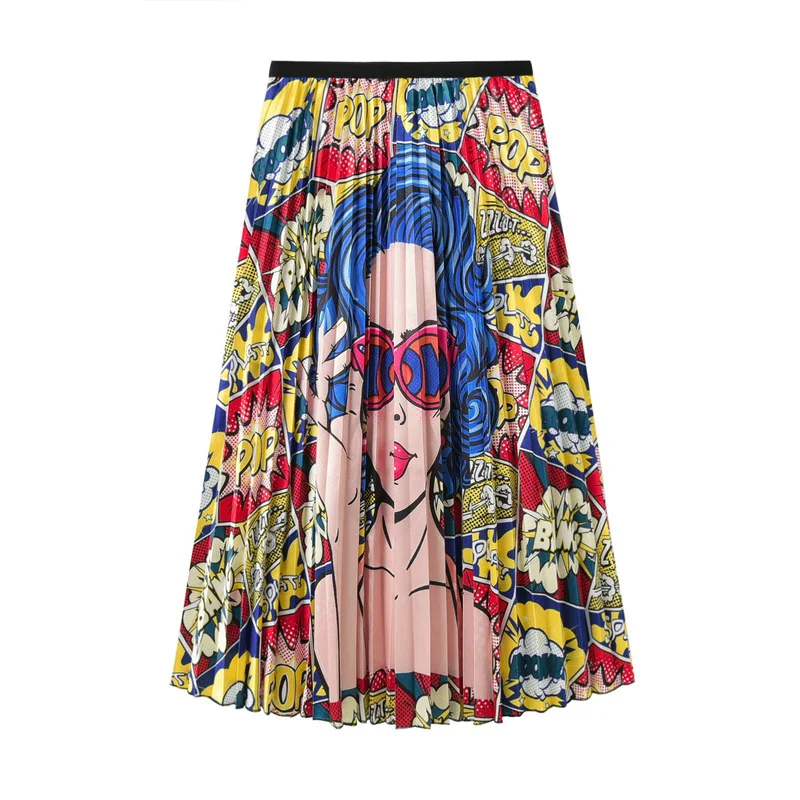 

Swing Pleat Skirt Spring Summer New Print Pleated Contrast Large Pendulum A-line Medium Length Women Clothes