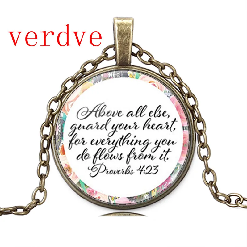 

2022NEW Proverbs 4 23 Bible Verse Above all else Guard your Heart for Everything you do Flows from it Necklace Glass Charm Gifts