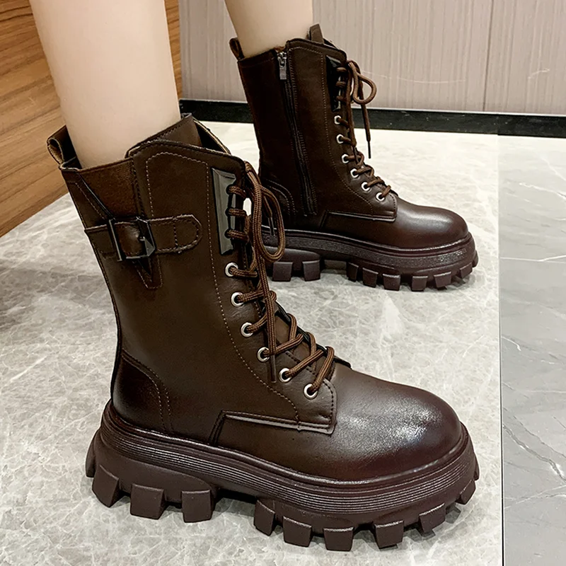 Round toe square heel cross lace women's boots for fall/winter 2022 new fashion platform side zipper women's casual ankle boots