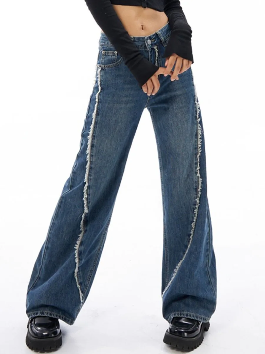 

Синие прямые женские джинсы Mom, уличная одежда с высокой талией, хлопковые джинсовые брюки с бахромой в стиле пэчворк, джинсы Y2k, женские брюки в Корейском стиле