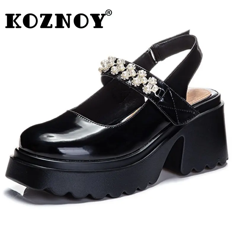 

Koznoy 7cm Hook Comfy Lolita Preppy Style Patent Genuine Leather Summer Lady Concise Uniform Loafers Mary Jane Chunky Heel Shoes