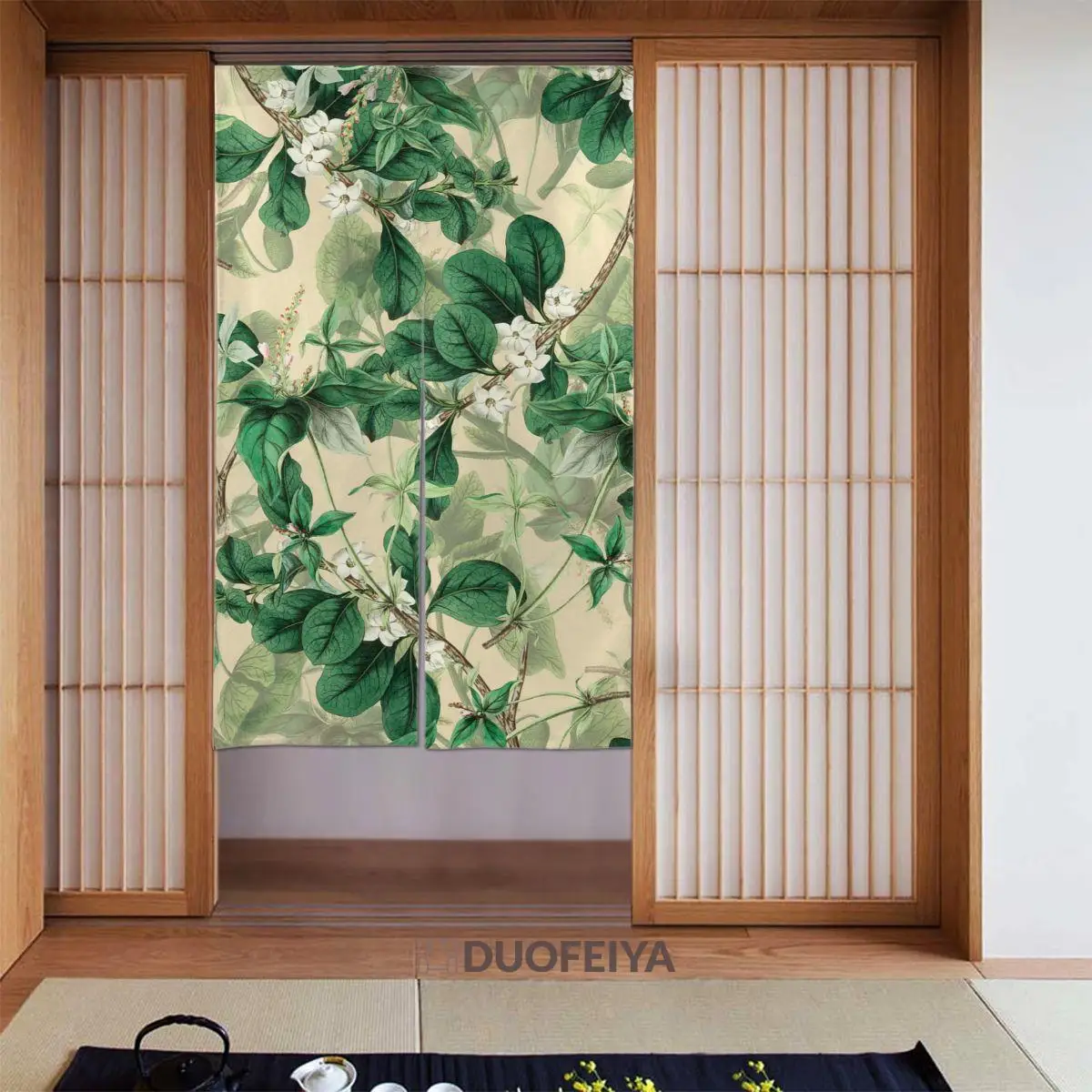 

Green Leaves And White Flowers Japanese Door Curtain Plant Separate Tapestry Cotton Linen Print Noren for Doorway Bedroom Decor