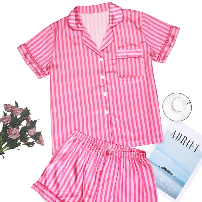 Two Piece Suit Pajamas for Women Striped Satin Silk Sleepwear Pyjamas Pjs Short Set Summer Autumn Shorts Loungewear Home Clothes