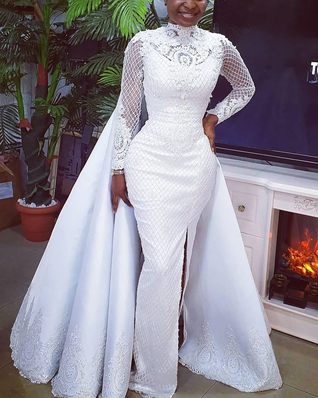 

Новинка 2022, белое кружевное атласное плиссированное платье-Русалка с длинным рукавом и высоким воротником, Сетчатое Тюлевое платье для вып...