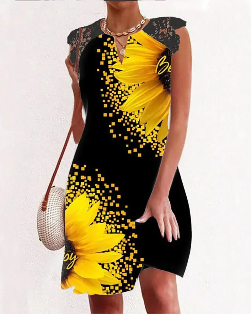

Женское Повседневное платье-мини без рукавов, облегающее платье с V-образным вырезом и принтом подсолнухов, лето 2022