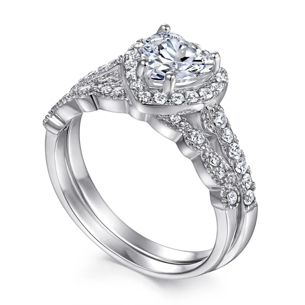 

New fashion trend S925 silver inlaid 5A zircon ring ladies heart-shaped diamond combination set ring
