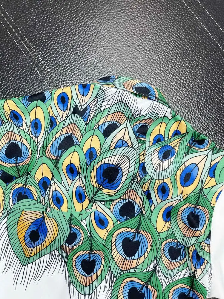 2022 Summer New Peacock Feather Pattern Printed Shirt Trend Men's Fashion Slim Shirt Retro Clothes Button up Shirt