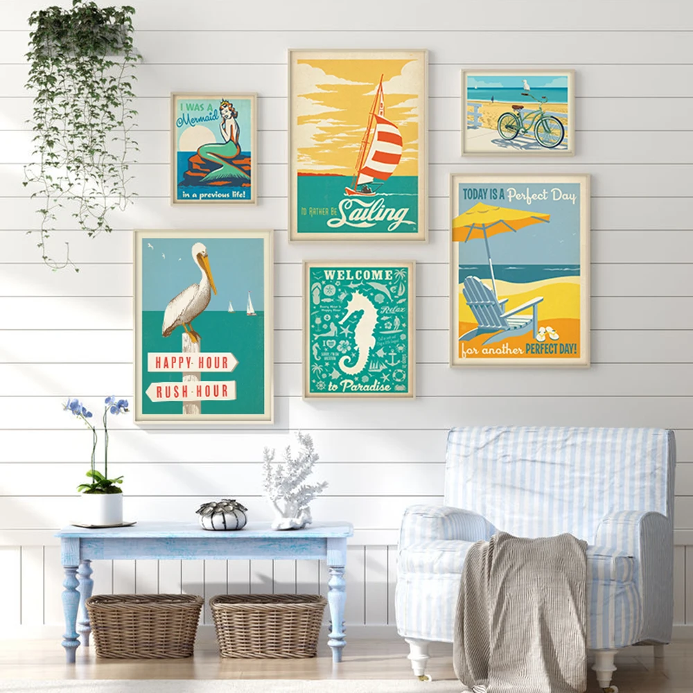 

Retro Prints Sailboat Bicycle Mermaid Cartoon Travel Landscape Poster Wall Art Canvas Painting Fashion Vintage Home Decoration