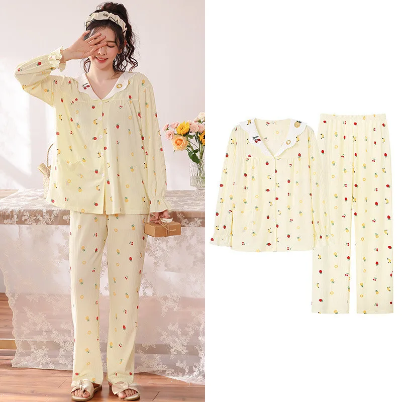 New Fresh Cotton Floral Sleepwear Women Spring Autumn Home Clothes Lapel Long Sleeve Shirt Pant Suit Female Pajamas M-4XL