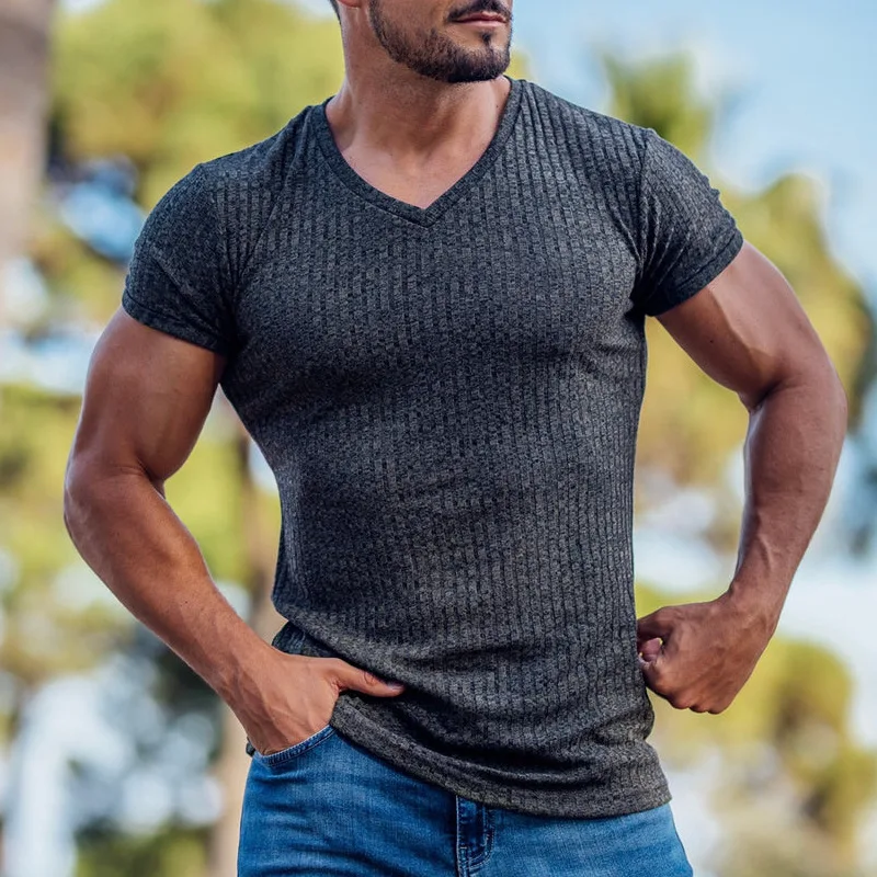 2022 New Mens V Neck Sports T-Shirt Summer Gym Fitness Solid Color Fashion Man Short Sleeve Casual Slim Fit Top |