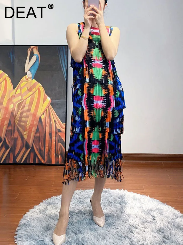 Женское плиссированное платье без рукавов DEAT облегающее пляжное с цветным