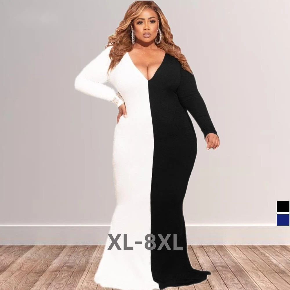 Plus Size Women's Slim Sexy v Neck Long Sleeves Color Blocking Floor Length Casual Dresses Wholesal 3xl 4xl 5xl 6xl