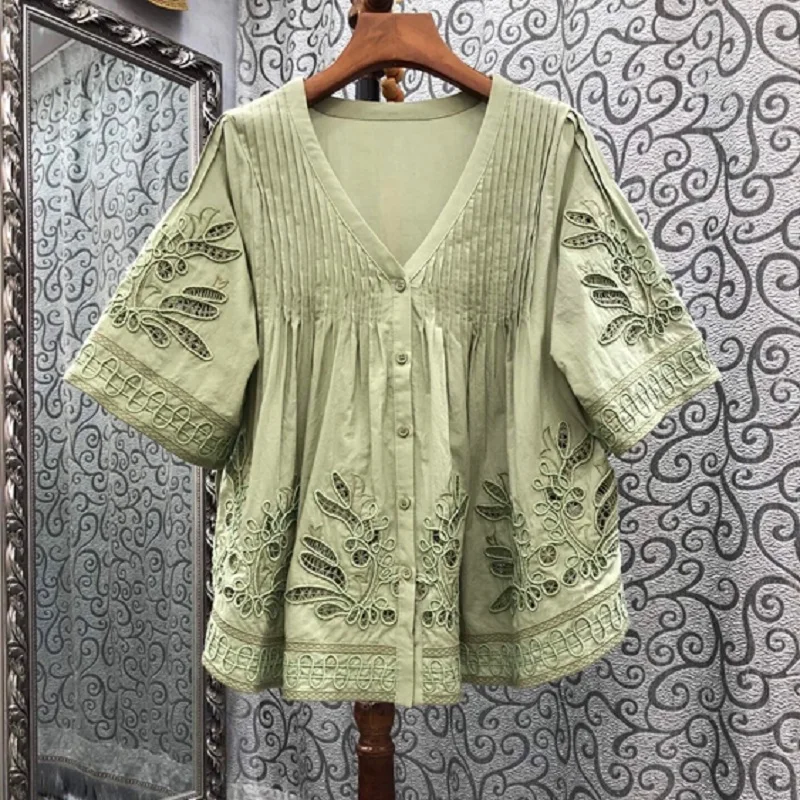 100%Cotton Blouse 2022 Spring Summer Fashion White Green Black Shirts High Quality Women V-Neck Hollow Out Embroidery Blouses