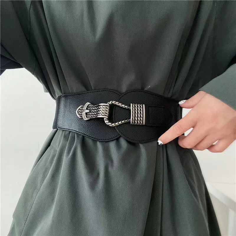 65cm Woman Elastic Wide Belt Vintage Buckle Leather Waistband Fashion Female Cinch Waist Seal Dress Coat Clothing Accessories