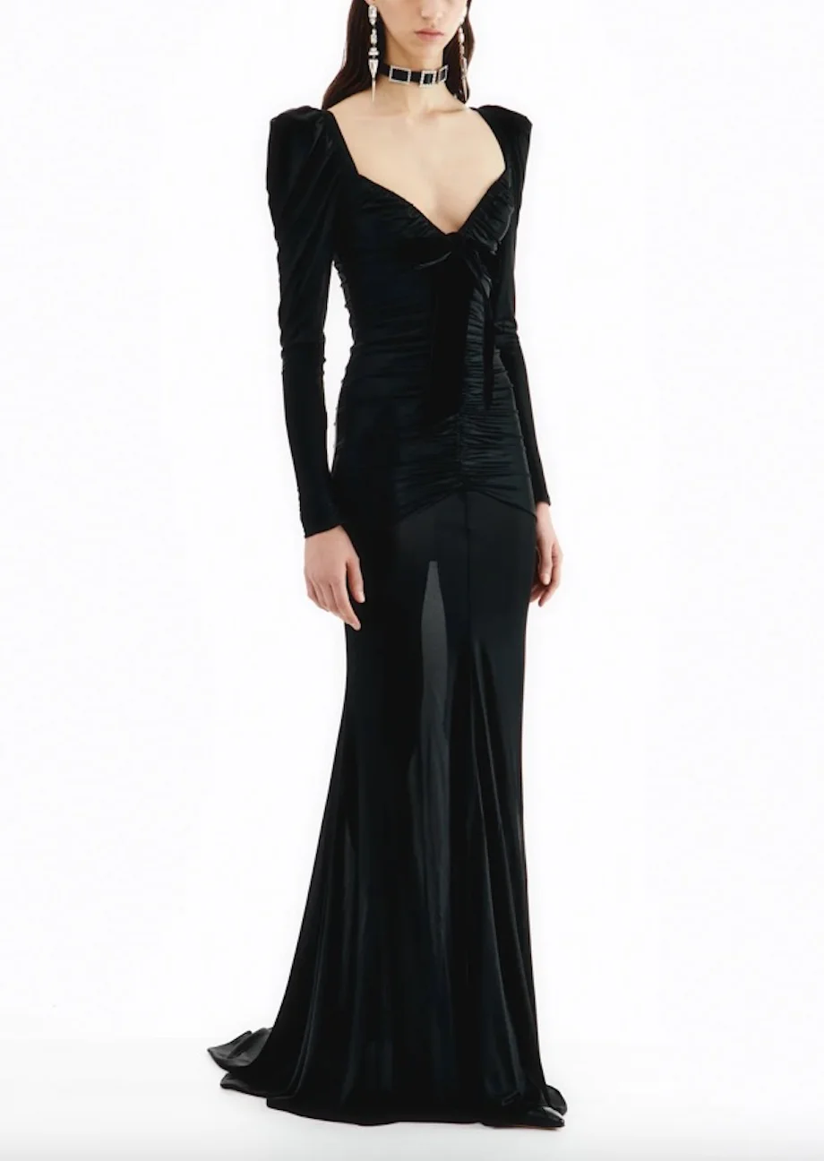 

Fantastic Atelier Fall 2023 Women Evening Party Deep V Long Draped Maxi Dress Night Formal Elegant Long Sleeve Dress Luxury