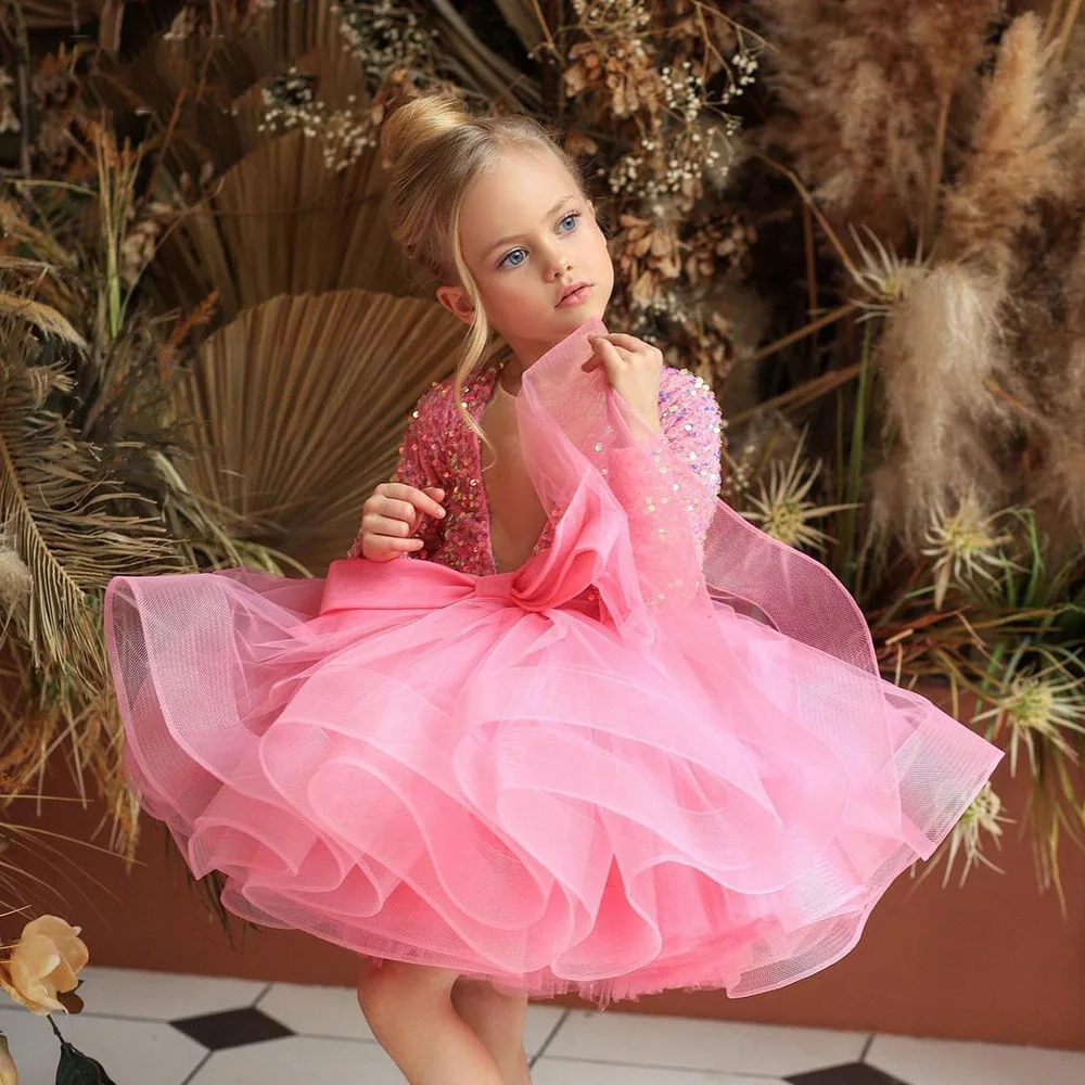 Long Sleeve Bow Dress For Girl Princess Party Dress Children Clothing Birthday Wedding Formal Bridesmaid Gown Baby Tutu Clothes