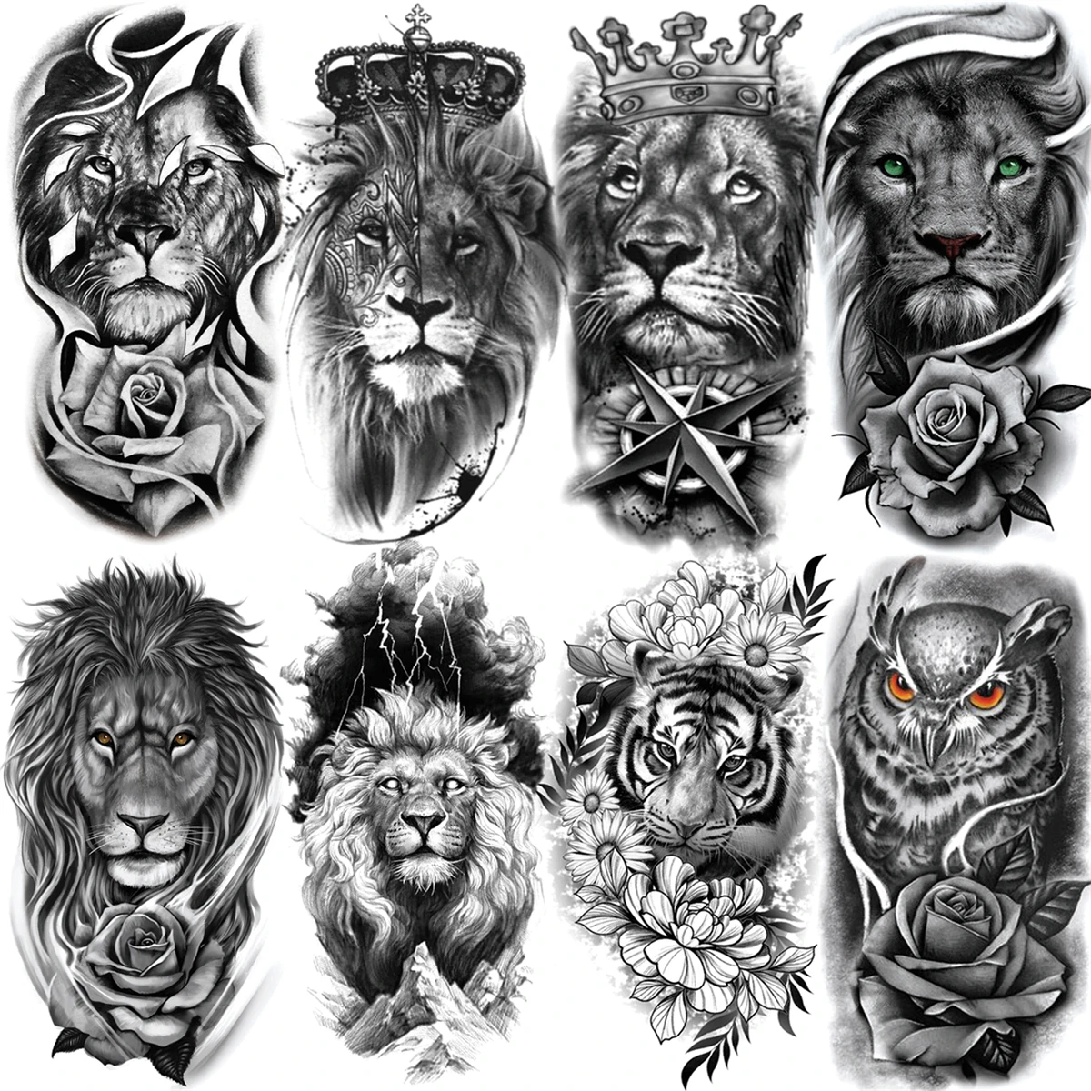 

Realistic Lion Tiger Owl Rose Flower Temporary Tattoos For Women Adult Men Crown Compass Fake Tattoo Washable Half Sleeve Tatoos