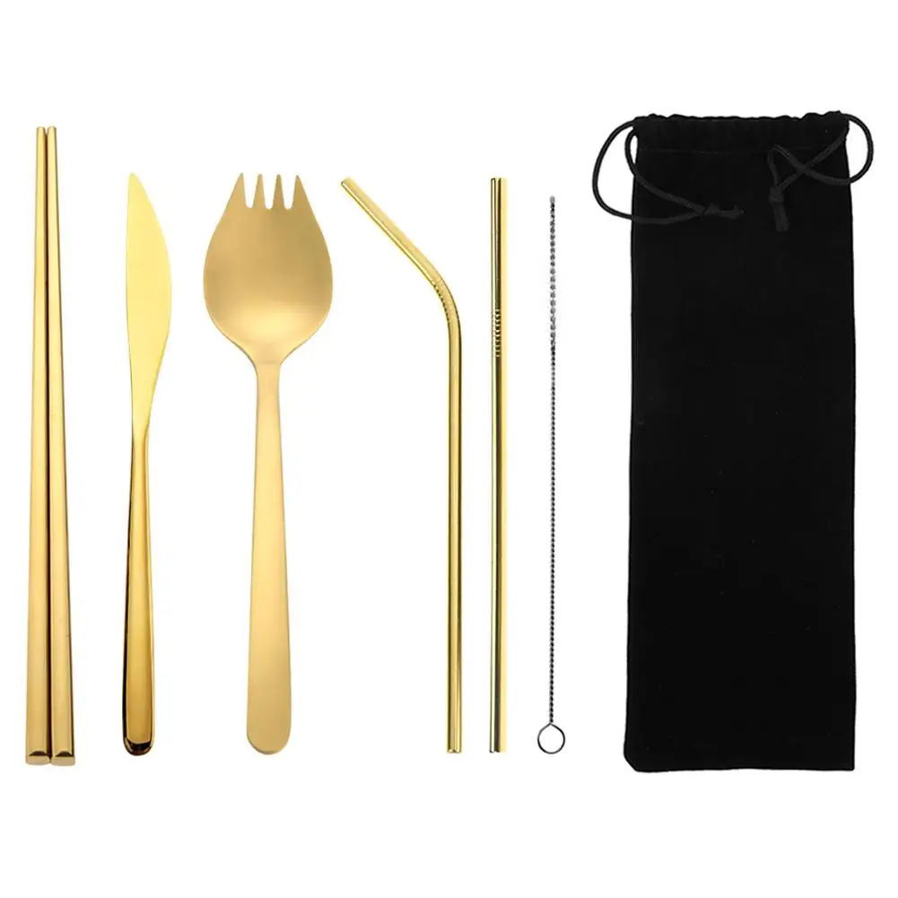 

8pcs Portable Tableware Bag with Stainless Steel Thread Picnic Fork Spoon Knife Chopsticks Cleaning Brush Straw Cleaning Brush