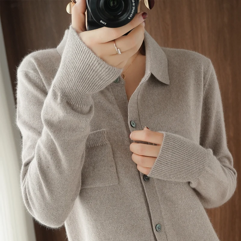 

2022 весна, осень и зима, новинка, женская рубашка-поло с воротником, кардиган, однотонное вязаное пальто, свитер из 100% шерсти