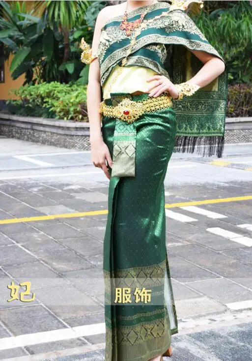 Thailand Traditional Clothing Luxury Green Wedding dress Women Thai Dress Festival Longji Stage