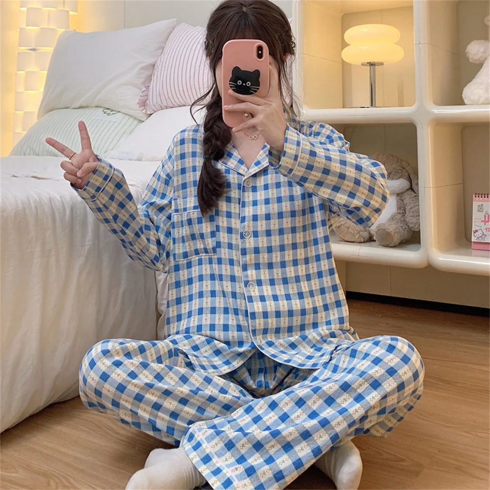 Женский пижамный комплект осенняя синяя клетчатая одежда для сна пижамы с