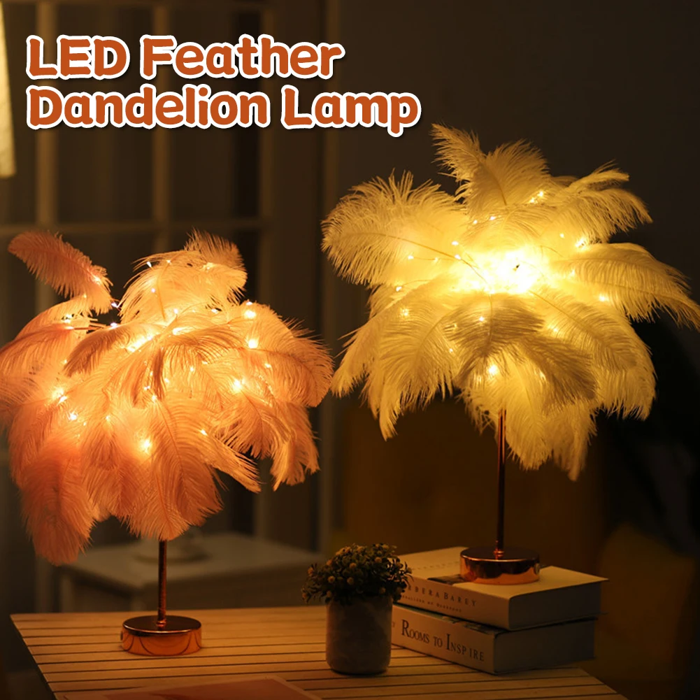 

Remote Control Feather Table Lamp USB/AA Battery Power DIY Warm Light Tree Feather Lampshade Wedding Home Bedroom Decor
