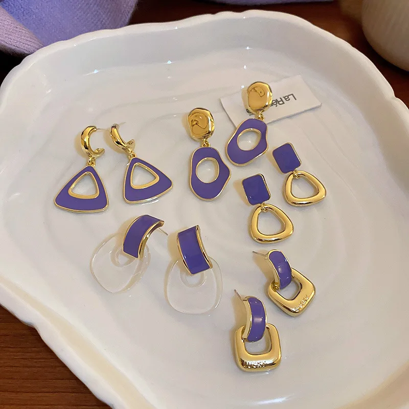 

Minar Korean Multiple Purple Color Enamel Earring for Women Femme Gold Color Metal Irregular Geometric Dangle Earrings Jewelry