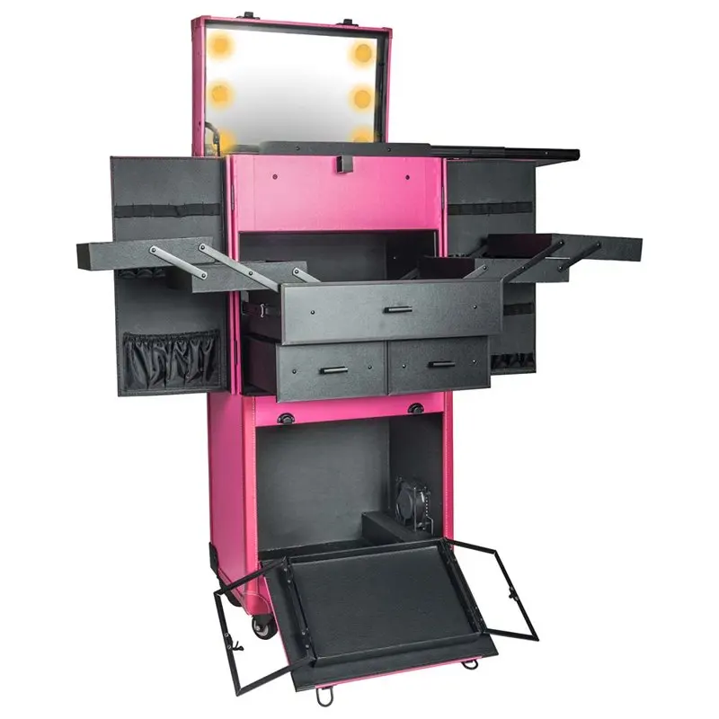 REBEL Pro Series â Makeup Artists Multifunction lighted Cosmetics Rolling Case with Fan - Proudly PINK