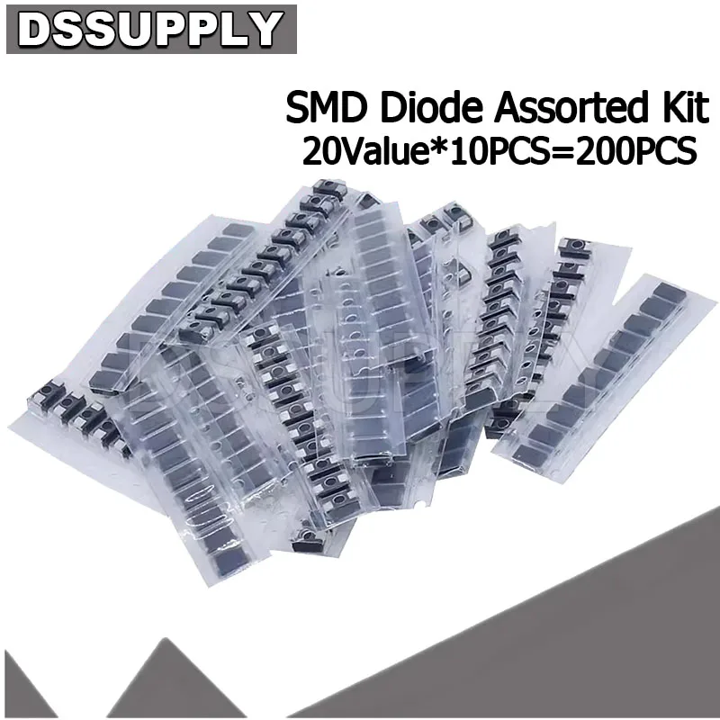 Набор SMD диодов, 20 значений * 10 шт. = 200 шт., содержит SS110 SS220 SS210 SS310 SS510 SS16 SS26 SS34 SS36 ES1J ES1D M7 M4 US1M SMA