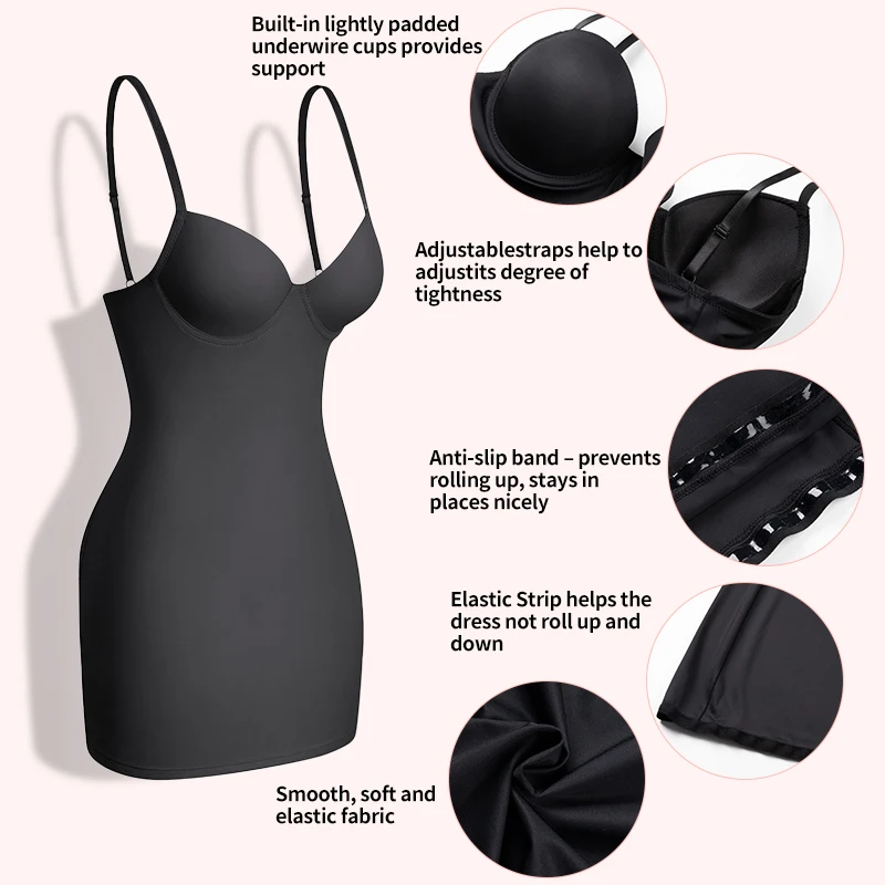 Women Full Slips Basic Under Dress Adjustable Straps Cami Seamless Smooth Tummy Control Body Shaper Built In Bra Deep V Bodycon