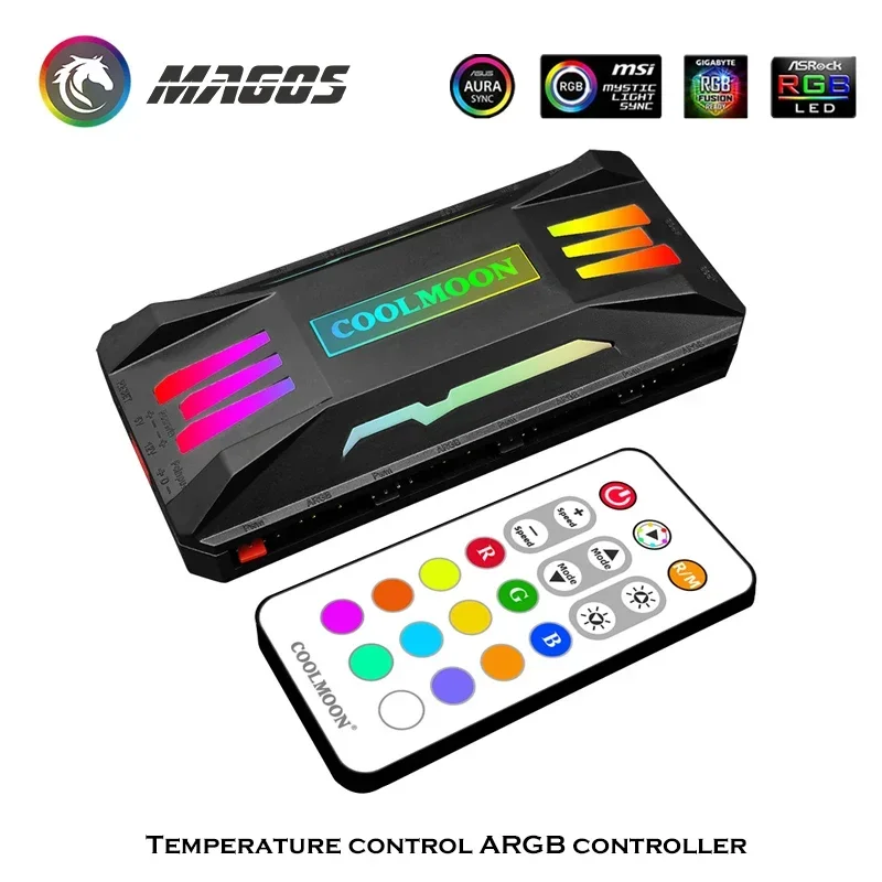 Фото COOLMOON Корпус для ПК Контроллер RGB-концентратора, ШИМ Smart TEMP. ADJ.+ 5 В ARGB M/B SYNC, беспроводной пульт дистанционного управления для охлаждающего вентилятора корпуса №4