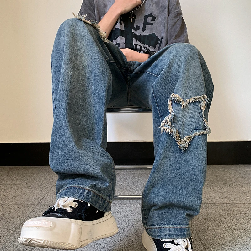 

Уличные джинсы, мужские повседневные брюки в стиле хип-хоп, мужские прямые широкие джинсы в стиле Харадзюку, винтажные корейские мешковатые джинсы, брюки