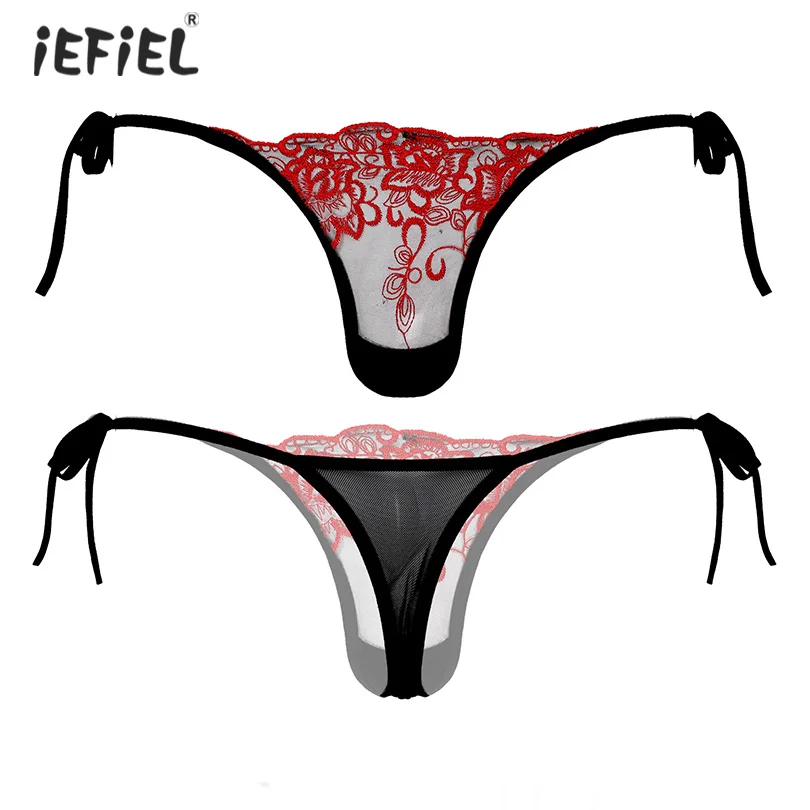 

Men's Panties See-through Mesh Thongs Low Waist Lace-up G-string Sissy Briefs Underpants T-back Gay Underwear Embroidered Thongs