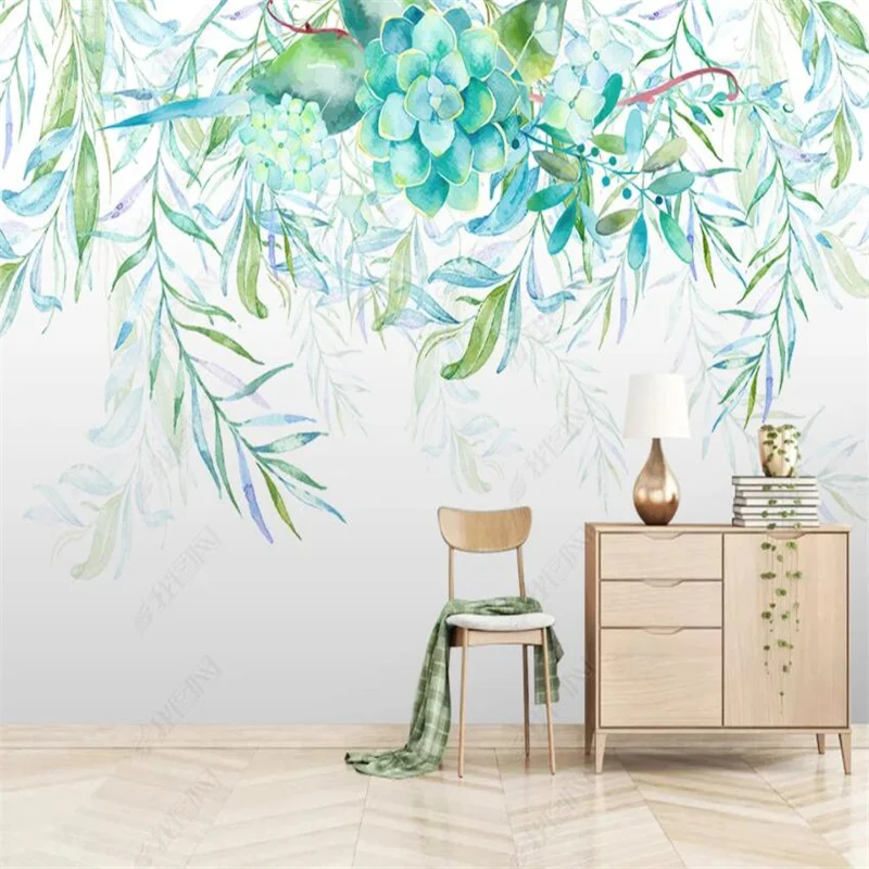 

Simple Hand-painted Watercolor Green Leaves Custom Wallpaper Home Decor Mural 3D Wall Paper Bedroom Wallpaper