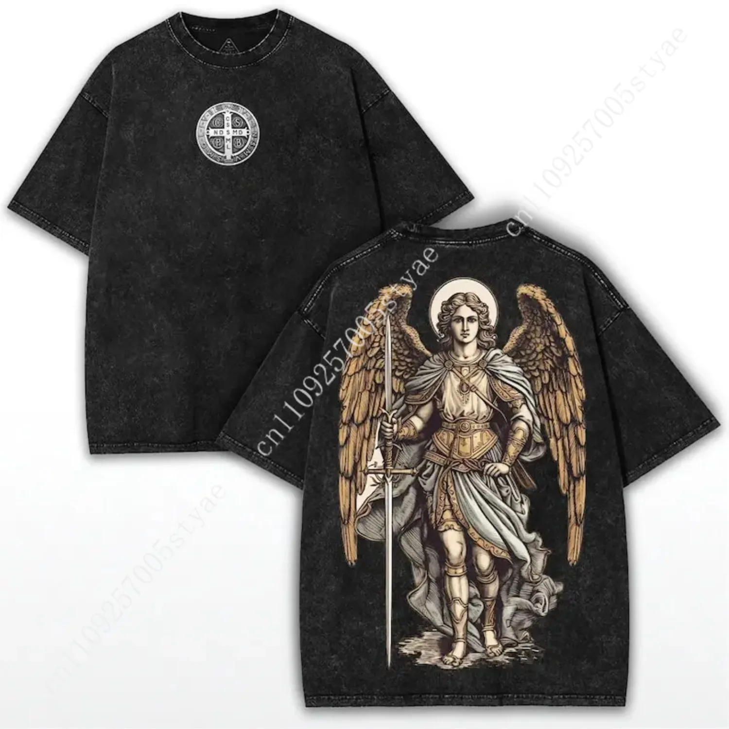 Фото Футболка оверсайз Archangel Michael: хлопок с эффектом потертости, стиль Faithcore Streetwear №1