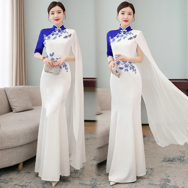 Chiffon Embroidery Banquet Evening Dress Long Slim Qipao Chinese Dress Eleganti Women Cheongsam Vintage Traditional Clothing New images - 6