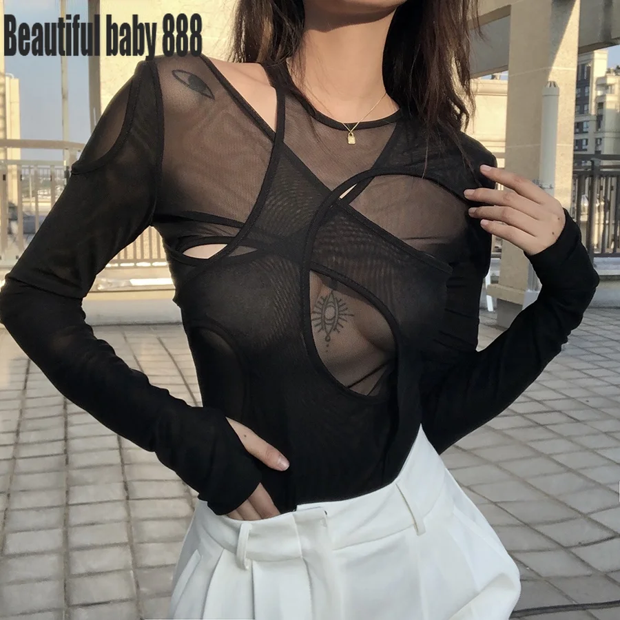 

Meqeiss Summer Solid Color Bodysuit See-Through Sexy Hollow Design Women Top Jumpsuits Slim Fit For High Street Clubwear Female