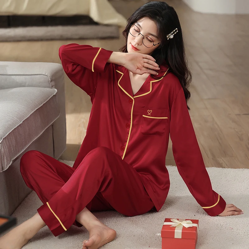 New Year Gift Spring Summer Button Cardigan Women's Soft Stain Long Sleeve Pajamas Set Women Sleepwear Set Red Silk Homewear