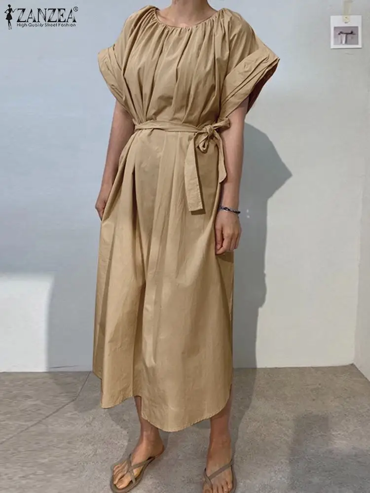 

Платье ZANZEA женское Плиссированное, модный офисный элегантный сарафан средней длины с коротким рукавом, кафтан с поясом, на лето
