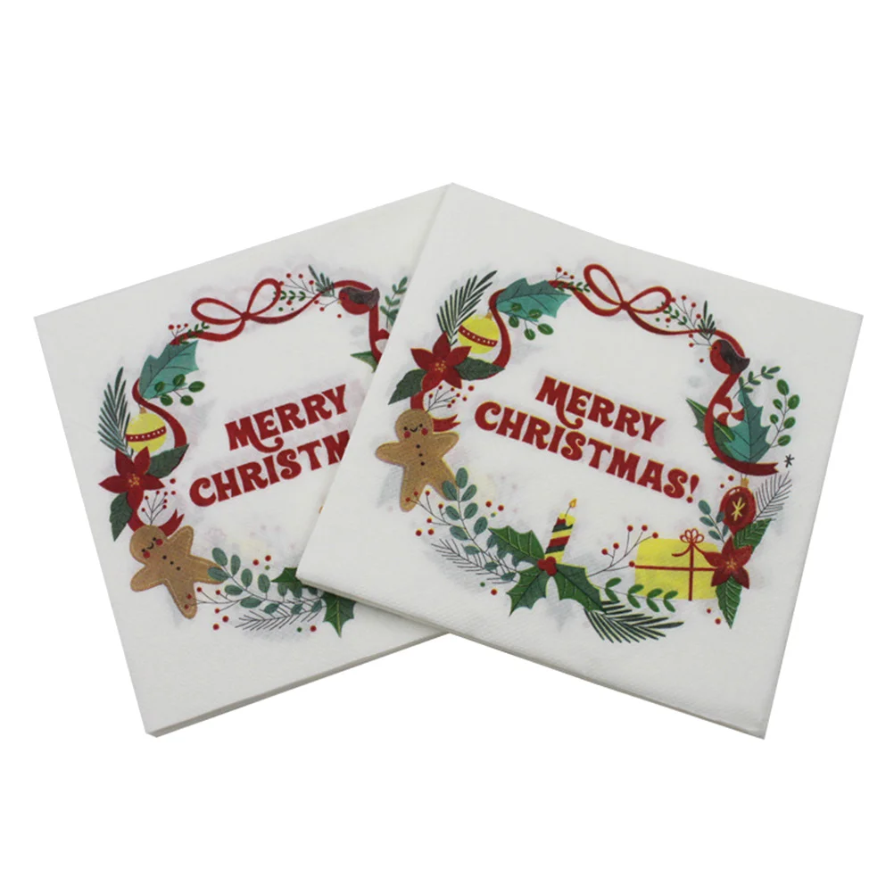 

40pcs Christmas Printed Napkins Cartoon Wreath Tissue Dinner Paper Towel Party Supplies Disposable