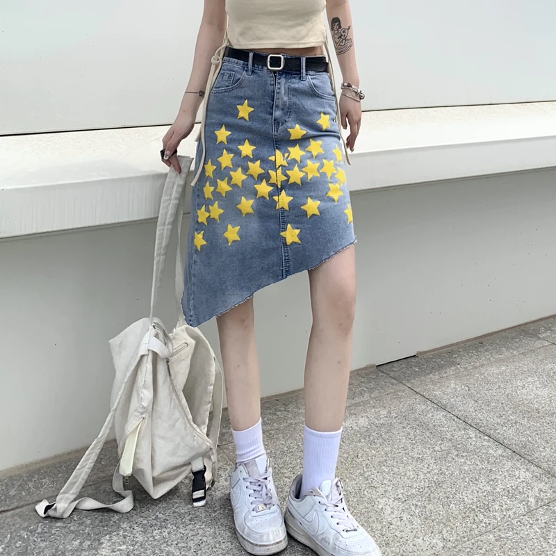 

Женская джинсовая юбка со звездами, джинсовая юбка трапециевидной формы с высокой талией, модель Y2k на лето, 2023