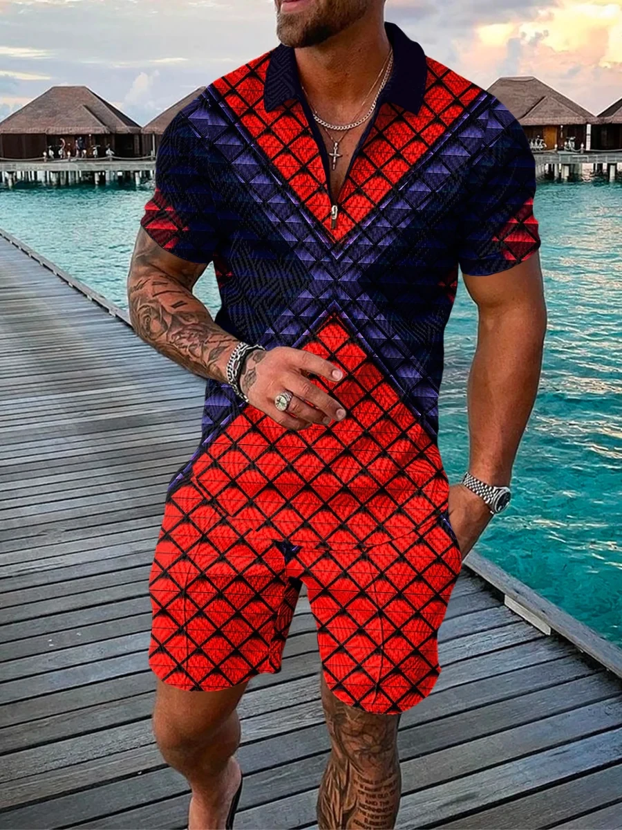 2023 Summer Men's Polo Suit Starry Skies 3D Printed Street Short Sleeved Zipper T-shirts Shorts Two-piece Set Men Clothes