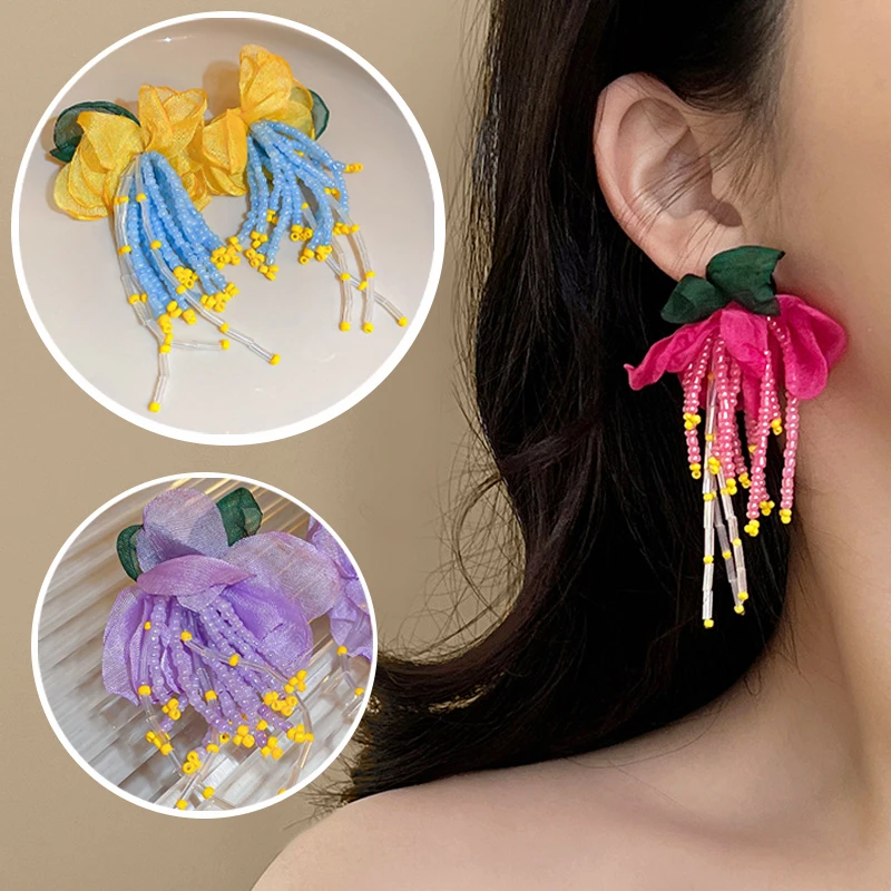 

Korean Flower Tassel Earrings Handmade Mesh Beaded Long Earring for Women Wedding Fashion Jewelry Temperament Dangle Ear Rings