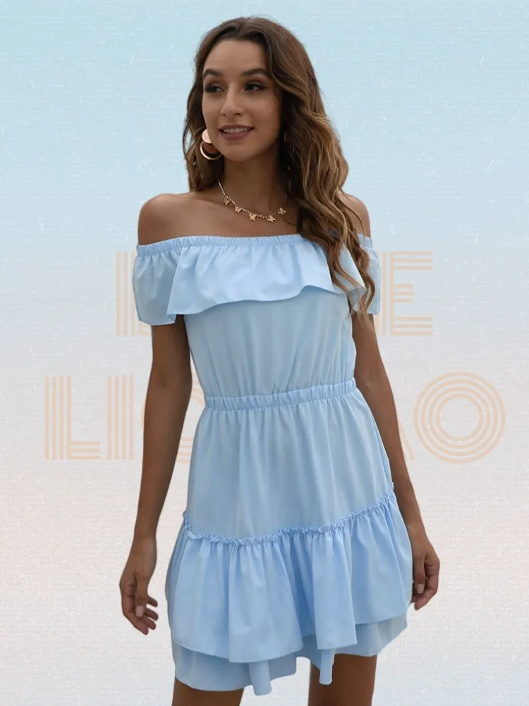 

Летнее платье, модное повседневное белое мини-платье с воротником-лодочкой, женские пикантные платья с открытыми плечами и оборками, женски...