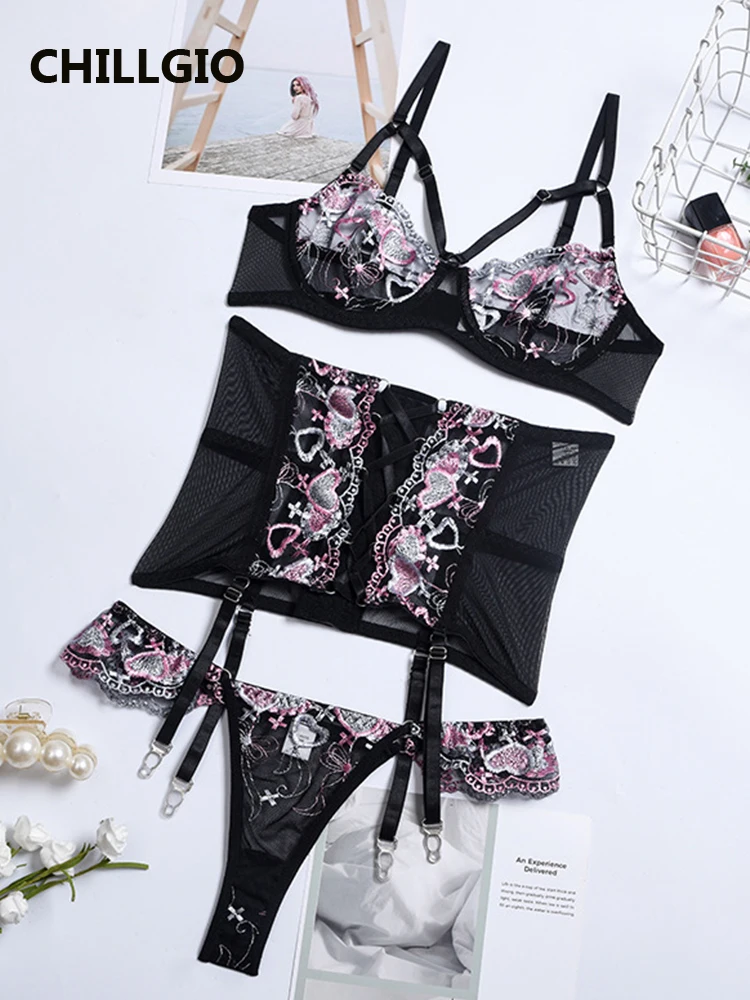

Пикантный бюстгальтер с вышивкой CHILLGIO, короткие костюмы, женское винтажное Прозрачное нижнее белье пуш-ап на косточках, Эротическое облегающее интимное белье