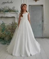 2022 o neck flower girl dress appliques tulle illusion lace wedding dress a line first communion dress birthday party gowns