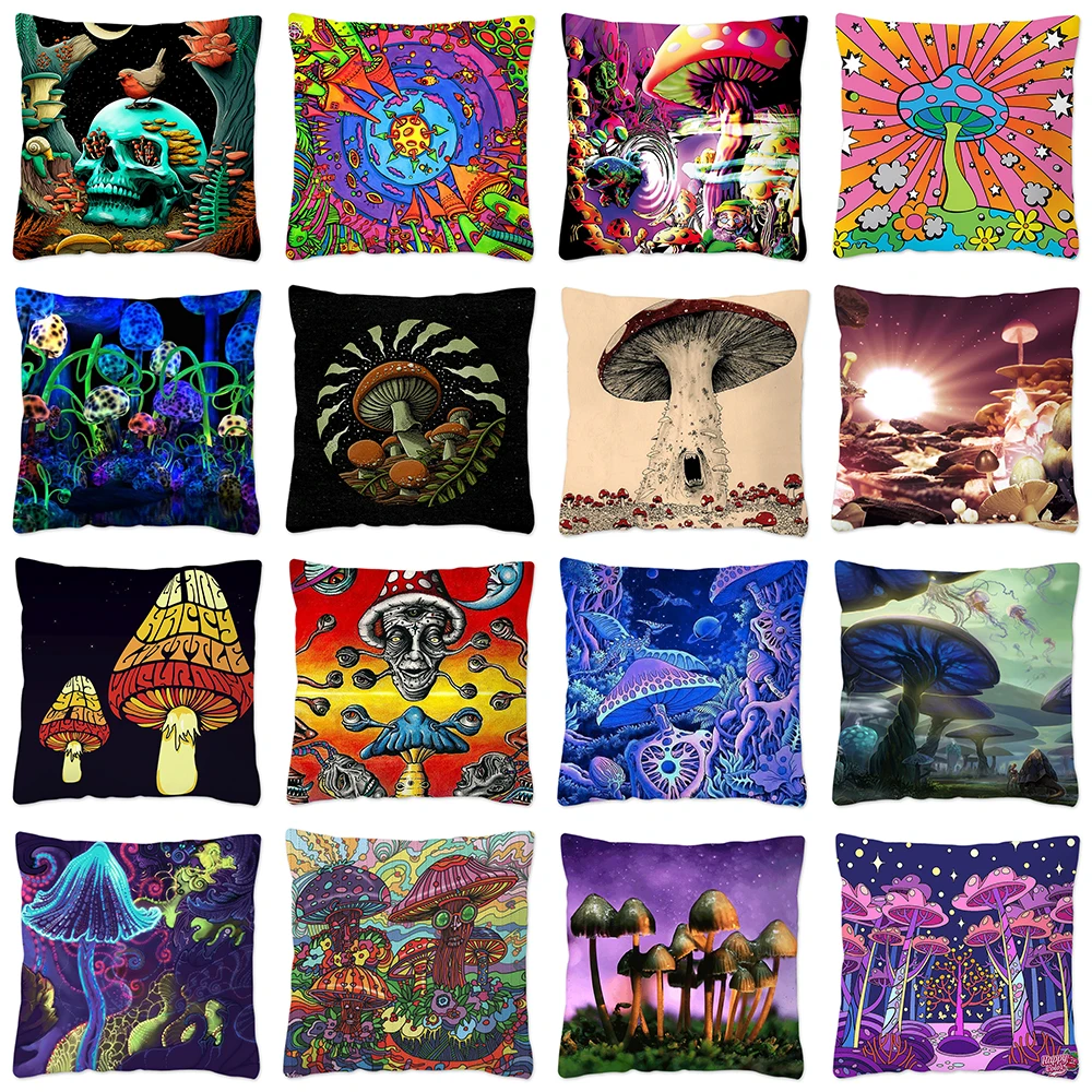 

Psychedelic Mushroom Print Cushion Cover for Sofa Car Pillow Case Home Decoration Vintage Gothic Polyester Pillow Cover Hogar