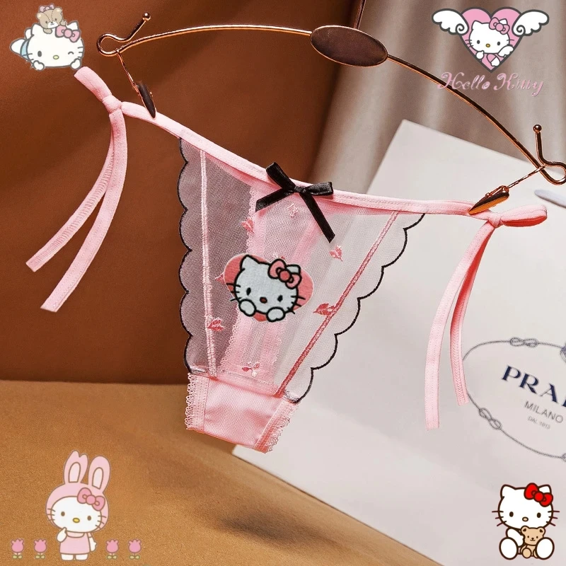 

Аниме кружевное женское нижнее белье с вышивкой Hello Kitty Kuromi сексуальные стринги с заниженной талией и бретельками кавайные бриджи для девочек