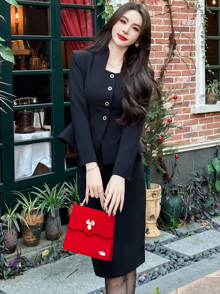 New High Quality 2 Pieces Outfit Suits Women Black Temperament Formal Chic Tops Coat Blazer Suit Waist Midi Skirt Slim Sets